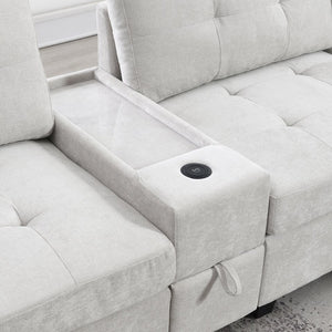 English Elm 104'' Sectional Sofa with Acrylic Table Top, Chenille Tufted U-Shaped Couch with Consoles, USB Charging, Storage Drawers and Ottoman for Living Room, Apartment Light Gray N723S0191K