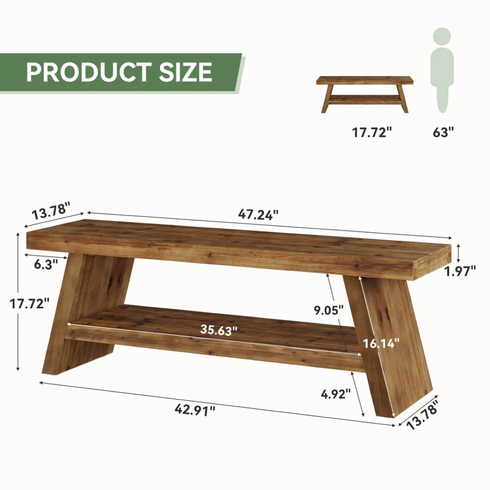 English Elm Entryway Shoe Bench Solid Wood Two Tier Open Shelf Farmhouse Hallway Seating T3971P456426