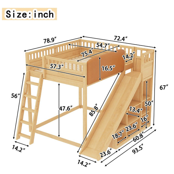 English Elm Full Size Kids Loft Bed Pine Frame Upholstered Headboard Built in Slide and Storage Shelves Natural W1580S00306