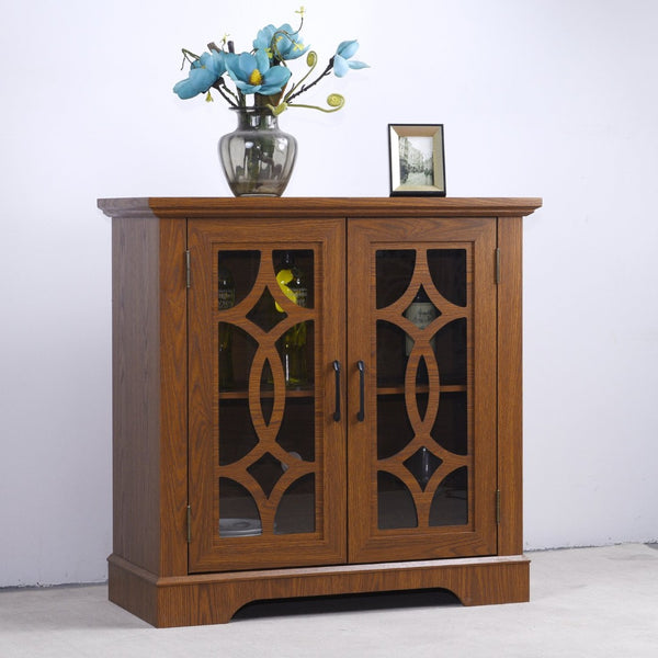English Elm Elegant Mirrored Sideboard with Butterfly Carved Doors Wood Grain Finish Dining Storage Dark Oak W2899P372743