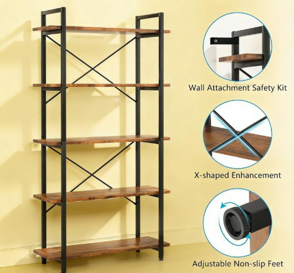 English Elm Open Five Tier Industrial Bookshelf with Steel Frame and Warm Brown Wood Finish T3971P458278