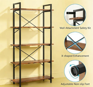 English Elm Open Five Tier Industrial Bookshelf with Steel Frame and Warm Brown Wood Finish T3971P458278