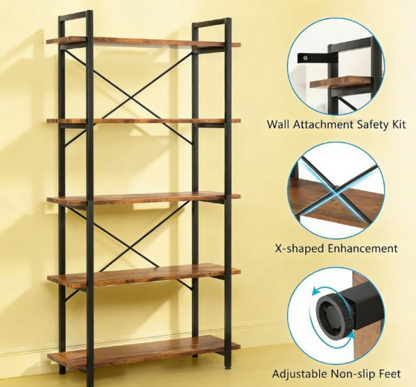 English Elm Open Five Tier Industrial Bookshelf with Steel Frame and Warm Brown Wood Finish T3971P458278