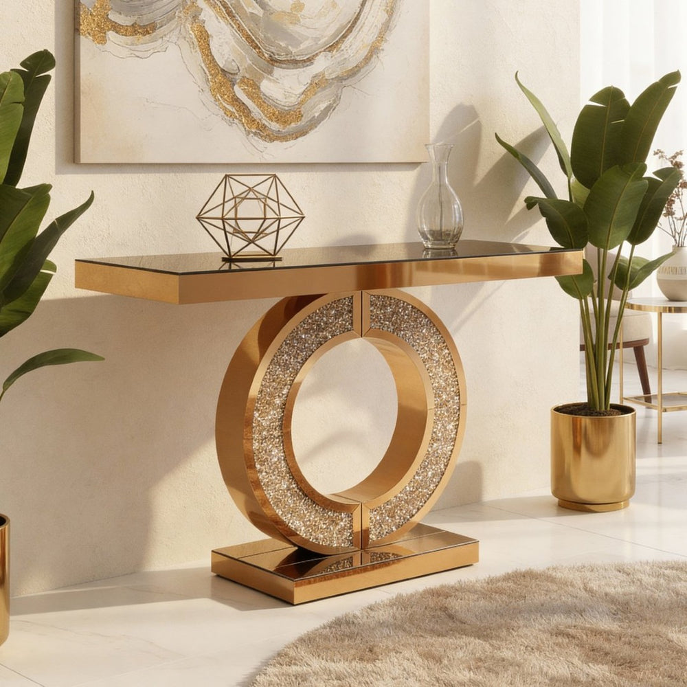 English Elm Mirrored Console Table with Diamond Inlay Double O Base Glam Entryway Accent Brown W3836P420881