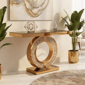 English Elm Mirrored Console Table with Diamond Inlay Double O Base Glam Entryway Accent Brown W3836P420881