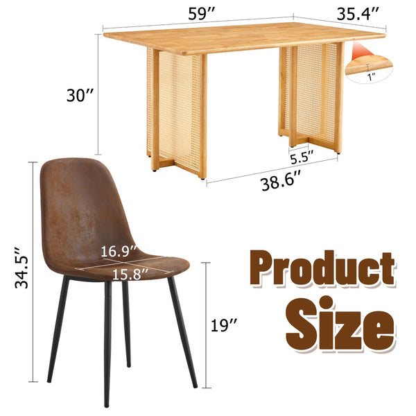 English Elm Table Solid Wood Dining Set With 4 Techno-Fabric Chairs, Imitation Rattan Legs For Home & Office W1151S04063-GIGA