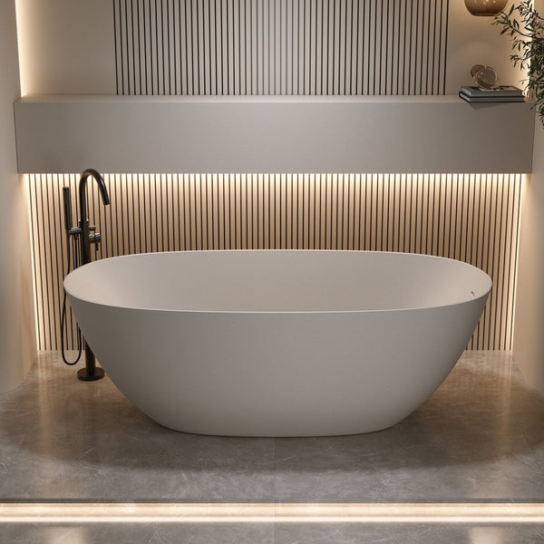 English Elm 65'' Resin Stone Freestanding Soaking Tub Ergonomic Matte White Spa Bath Beige W2753P340402