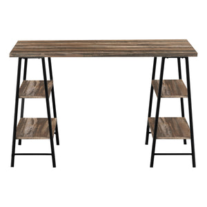 English Elm Computer Desk with Industrial Sawhorse Legs and 4 Open Shelves, 48" Reclaimed Wood-Look Workspace Brown 51 L x 26 W x 5 H B2710P219814