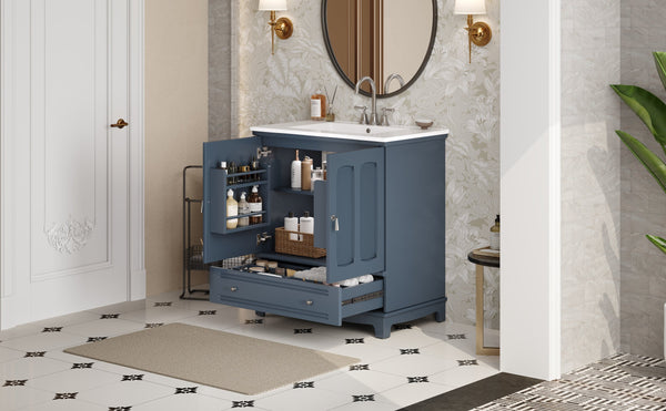 English Elm 30" Modern Bathroom Vanity with Ceramic Sink, Solid Wood Frame, Soft-Close Drawer & Adjustable Shelf Blue N710P293306C