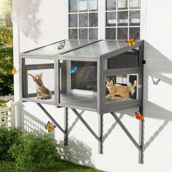 English Elm Cat Catio Window Box Enclosure Solid Wood Frame Mesh Panels Weatherproof Outdoor Perch W3166P354629