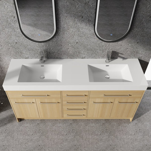 English Elm 72" Freestanding Bathroom Vanity with Double Resin Sink, Original Oak Finish, 4 Doors & 6 Drawers, Soft-Close W1972P315234