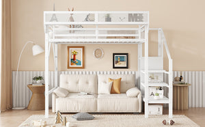 English Elm Twin Twin Size Loft Bed with Stairs and Built-In Shelves, Metal High Loft with Wardrobe for Kids Teens White W2580S00036
