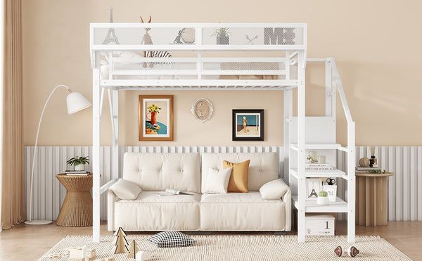 English Elm Twin Twin Size Loft Bed with Stairs and Built-In Shelves, Metal High Loft with Wardrobe for Kids Teens White W2580S00036