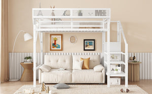 English Elm Twin Metal High Loft Bed with Staircase Storage Wardrobe for Kids and Teens White W2580S00061