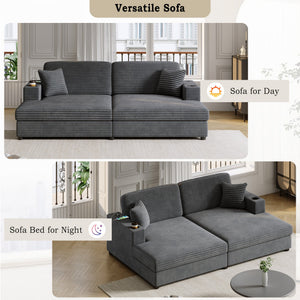 English Elm 86.5" Oversized Loveseat Chaise Lounge Sectional Sofa Bed Corduroy with USB Ports, Cup Holders & Pillows Dark Gray N719P232602R