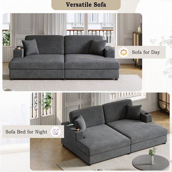 English Elm 86.5" Oversized Loveseat Chaise Lounge Sectional Sofa Bed Corduroy with USB Ports, Cup Holders & Pillows Dark Gray N719P232602R
