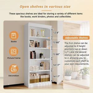 English Elm 83" 5-Tier Bookcase Suite with LED Light Strip, Adjustable Shelves, Cable Management & Solid Wood Frame White N751S246920K
