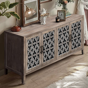 English Elm Hollow Four Door Wooden Cabinet with Floral Carved Doors, Slim Console Sideboard for Living Room TV Storage Antique brown W1445P146390