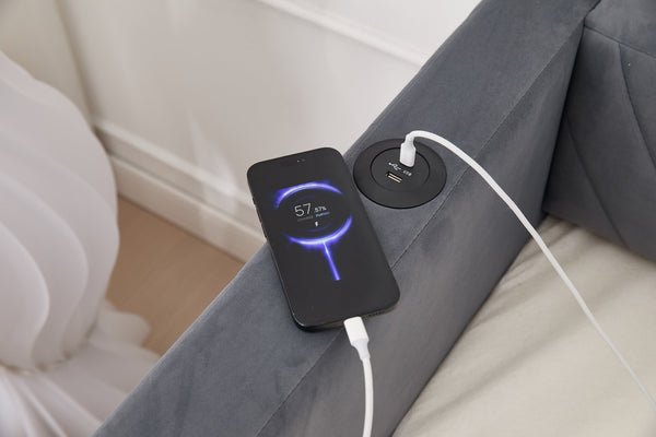 English Elm Twin Velvet Upholstered Daybed with Trundle, V-Pattern Backrest, USB Port, Side Pockets, Sturdy Design Grey W1361S00040