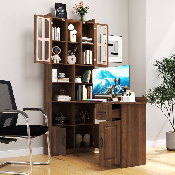 English Elm L-Shaped Corner Computer Desk with Hutch, Drawer & Shelves for Spacious Home Office Organization Walnut W331S00187