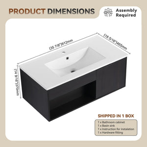 English Elm 36" Floating Bathroom Vanity Dark Oak Ceramic Sink Open Shelf Soft Close Storage W3450P435874