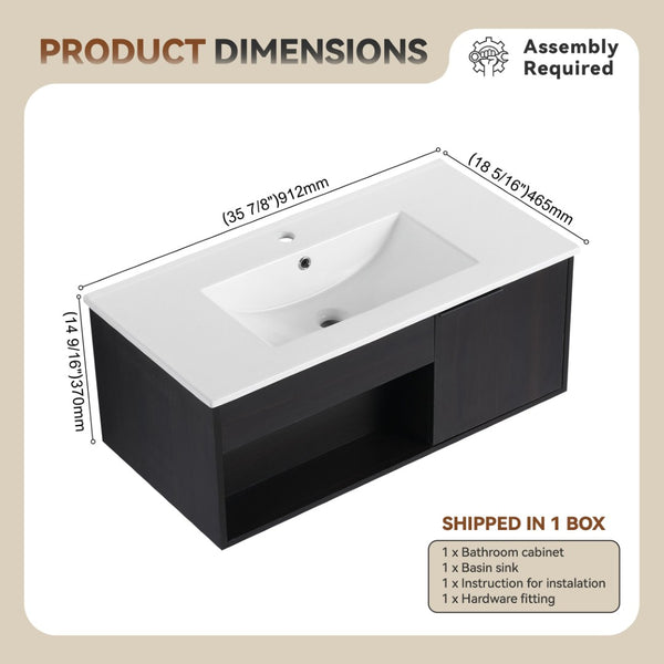 English Elm 36" Floating Bathroom Vanity Dark Oak Ceramic Sink Open Shelf Soft Close Storage W3450P435874