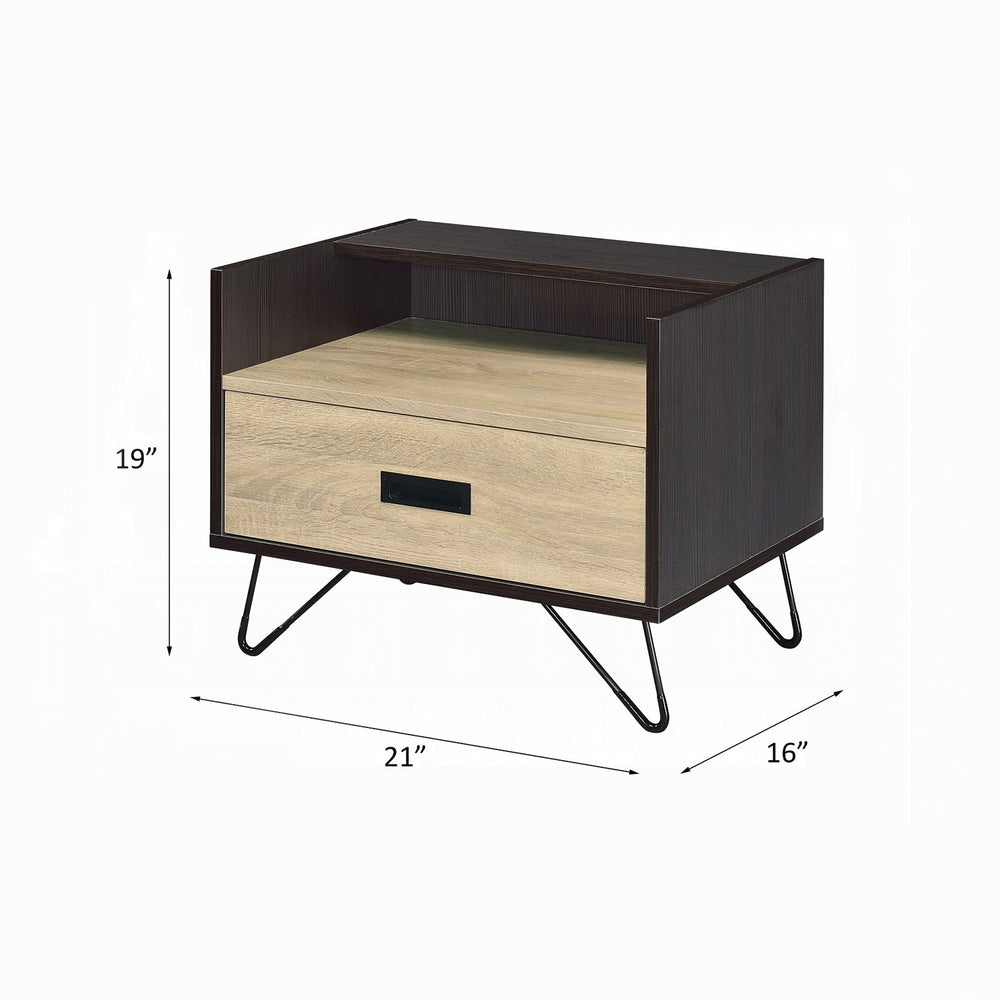 English Elm One Drawer Nightstand With Open Compartment – Modern Industrial Oak & Black Accent Table For Storage B016P256521
