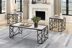 English Elm Occasional Astral 3pc Table Set - White Marble Tempered Glass Tops with Black Metal Geometric Frame B011P297568