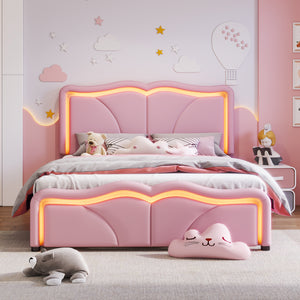 English Elm Full Full Size Upholstered Platform Bed in Pink with Curved Headboard, 3-Height Adjust, LED Strips, Sturdy Frame WF323749AAH