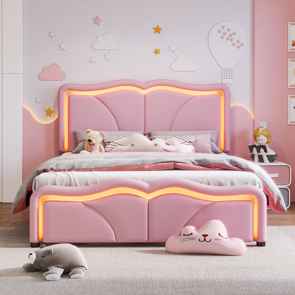 English Elm Full Full Size Upholstered Platform Bed in Pink with Curved Headboard, 3-Height Adjust, LED Strips, Sturdy Frame WF323749AAH