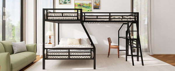 English Elm Twin Triple Bunk Bed with Loft, Desk & Shelf — Metal Black L-Shaped Sleep/Study Space, No Box SpringNeeded SM000606AAB