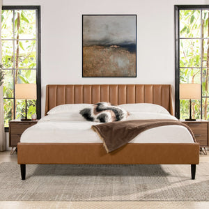 English Elm Jennifer Taylor Home - Aspen Vertical Tufted Headboard Bed Set - King, Caramel Tan Faux Leather For Modern Bedroom Elegance B2719P238521