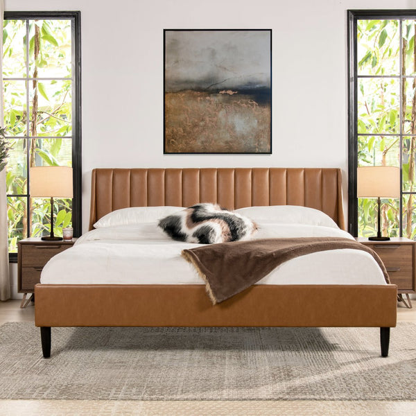 English Elm Jennifer Taylor Home - Aspen Vertical Tufted Headboard Bed Set - King, Caramel Tan Faux Leather For Modern Bedroom Elegance B2719P238521