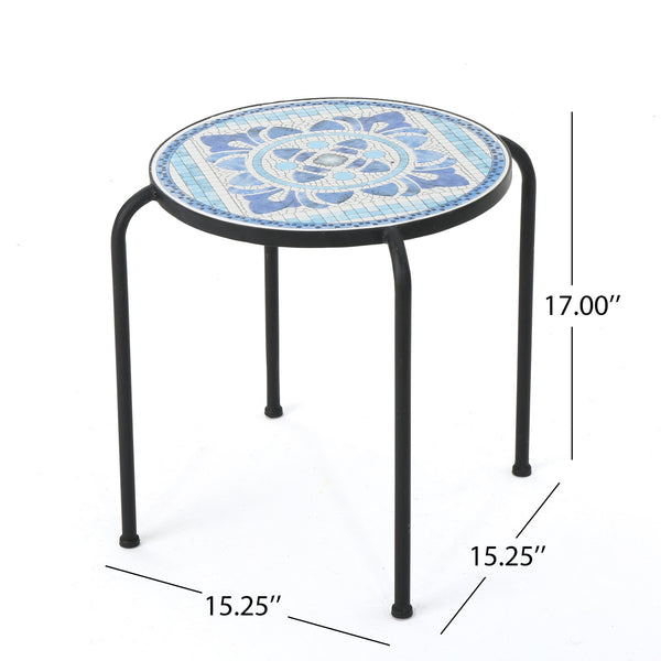 English Elm Christopher Knight Home® - SKYE Ceramic Tile End Table with Blue White Mosaic Top and Black Iron Arched Legs for Patio Chic 61301.00