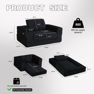 English Elm Compression Human Dog Sofa Bed 3-in-1 Folding Corduroy Floor Couch with Memory Foam Pillow for Living Room Black W3723P376783