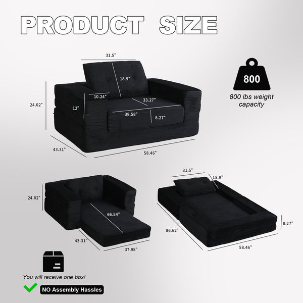 English Elm Compression Human Dog Sofa Bed 3-in-1 Folding Corduroy Floor Couch with Memory Foam Pillow for Living Room Black W3723P376783