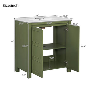 English Elm 30'' 30'' Farmhouse Bathroom Vanity Olive Green with Ceramic Sink, Adjustable Shelves, Soft-Close Doors, Rustic Wood Frame N729P290712F