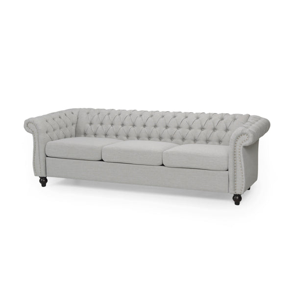 English Elm Christopher Knight Home® - 3 Seater Chesterfield Sofa with Button Tufted Diamond Stitch, Nailhead Accents & Scrolled Arms - Low Profile Grey N771P262584D