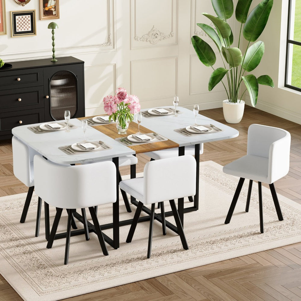 English Elm 7-piece Rectangular Dining Set Seats 6 with Faux Leather Chairs and Melamine Top White,Wood W3875S00132