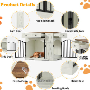 English Elm Go Farmhouse Wooden Dog Crate End Table with 3 Drawers and Built-in Pet Feeder N704P371282D