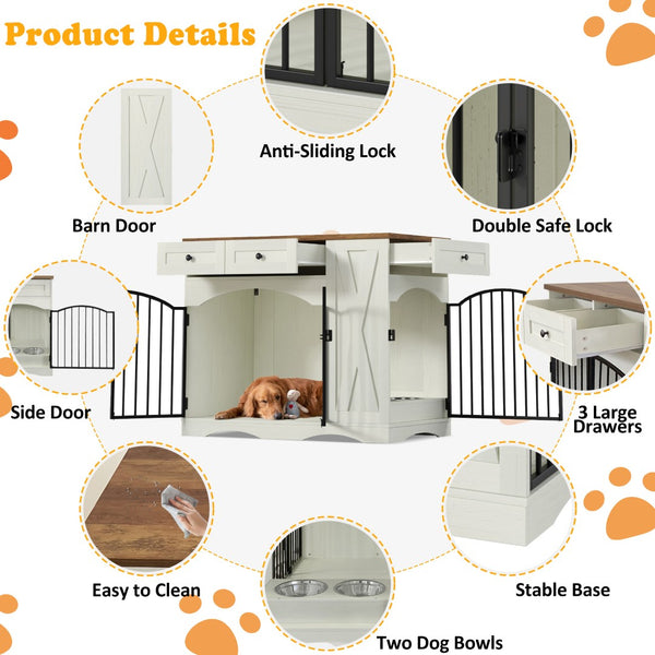 English Elm Go Farmhouse Wooden Dog Crate End Table with 3 Drawers and Built-in Pet Feeder N704P371282D