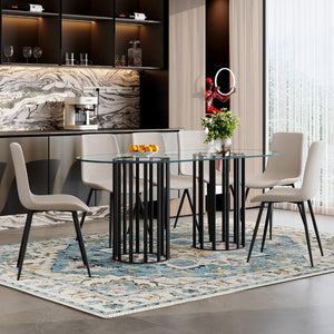 English Elm Table Set Oval Tempered Glass Top with Six Brown Fabric Chairs for Modern Dining Black,Transparent,Warm Grey W1151S04750