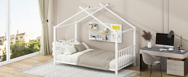 English Elm Twin Metal House Platform Bed with Slat Kit for Kids Sleepovers Sturdy Frame Elegant Silhouette 63.8"H White MF322835AAK