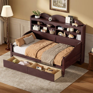 English Elm Twin Daybed Retro Wood Frame with Under Bed Drawers and Headboard Shelving Espresso N733S415358P