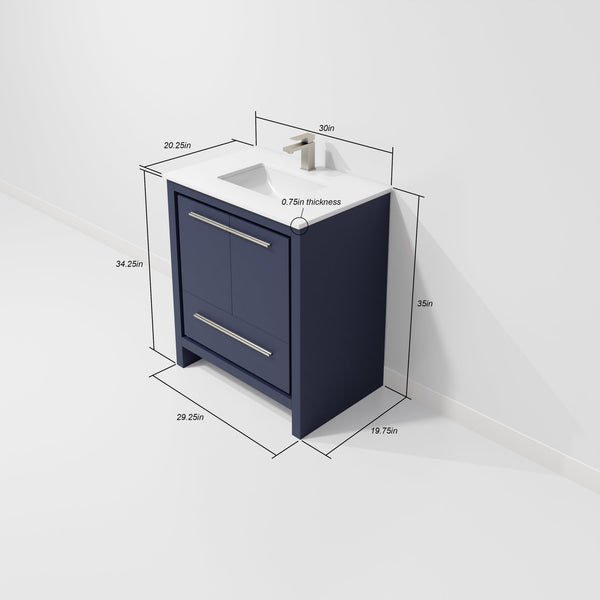 English Elm Navy Blue Bath Vanity With White Quartz Top - Stylish 30" W X 20" D Design, Durable Storage & Elegance B2731P259289