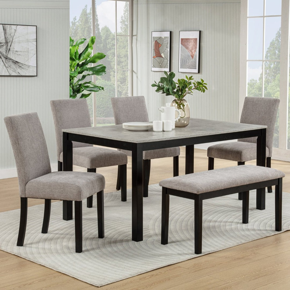 English Elm 6 Piece Rubberwood Dining Set with Bench and Linen Chairs for Transitional Kitchen W1998S00091
