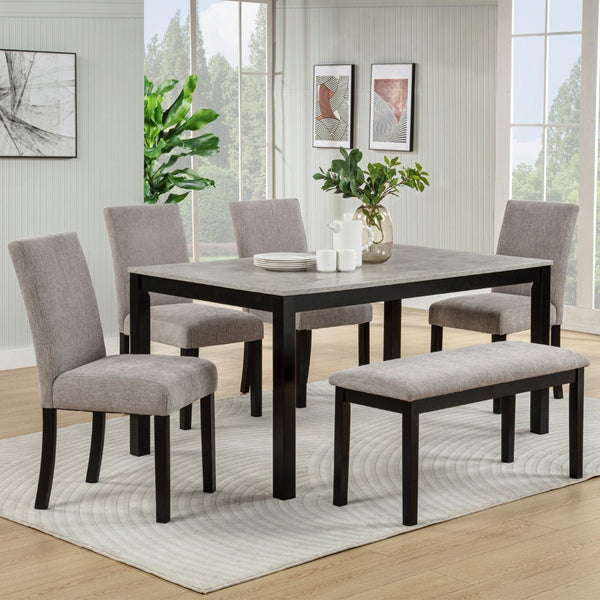 English Elm 6 Piece Rubberwood Dining Set with Bench and Linen Chairs for Transitional Kitchen W1998S00091