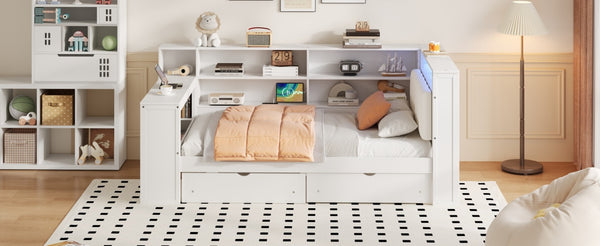 English Elm Wood Twin Size Platform Bed With Drawers, Charging Station, Led Light, Desk, & Upholstered Headboard N7090001046K-GIGA