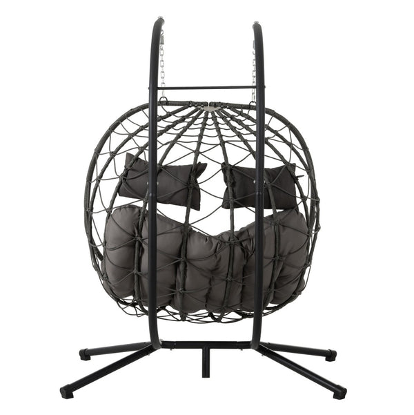 English Elm 2 Person Wicker Hanging Egg Chair with Freestanding Stand Outdoor Patio Swing Seat Gray W1703P444363
