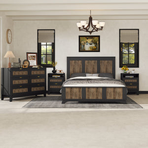 English Elm 4-Pieces Queen Platform Bed Set with Storage Nightstands & Dresser, Wooden Strip Accent, Modern Farmhouse Elegance Black 52.17 L x 18.5 W x 11.81 H HL000191AAB